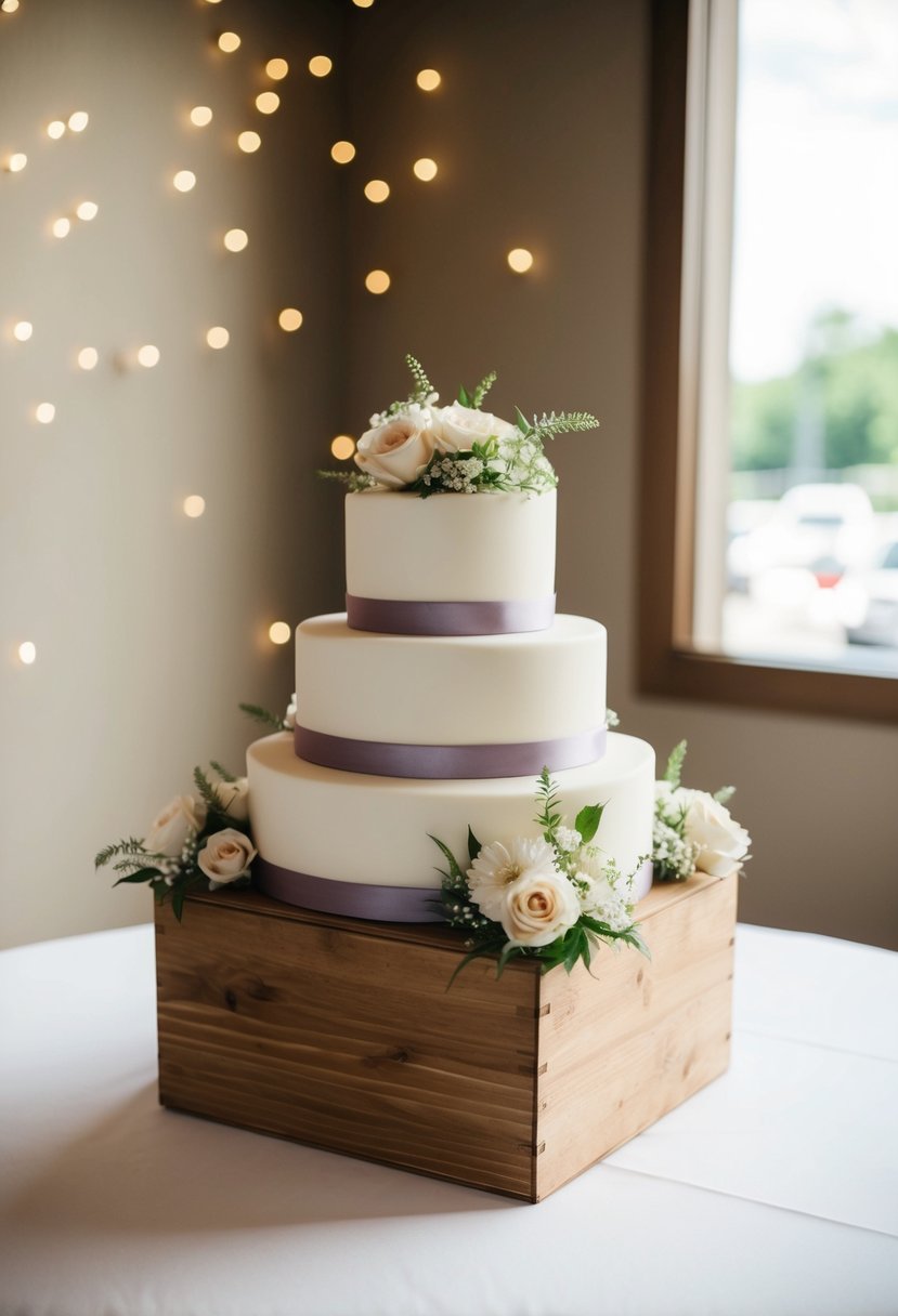 A simple wooden box adorned with flowers holds a tiered wedding cake