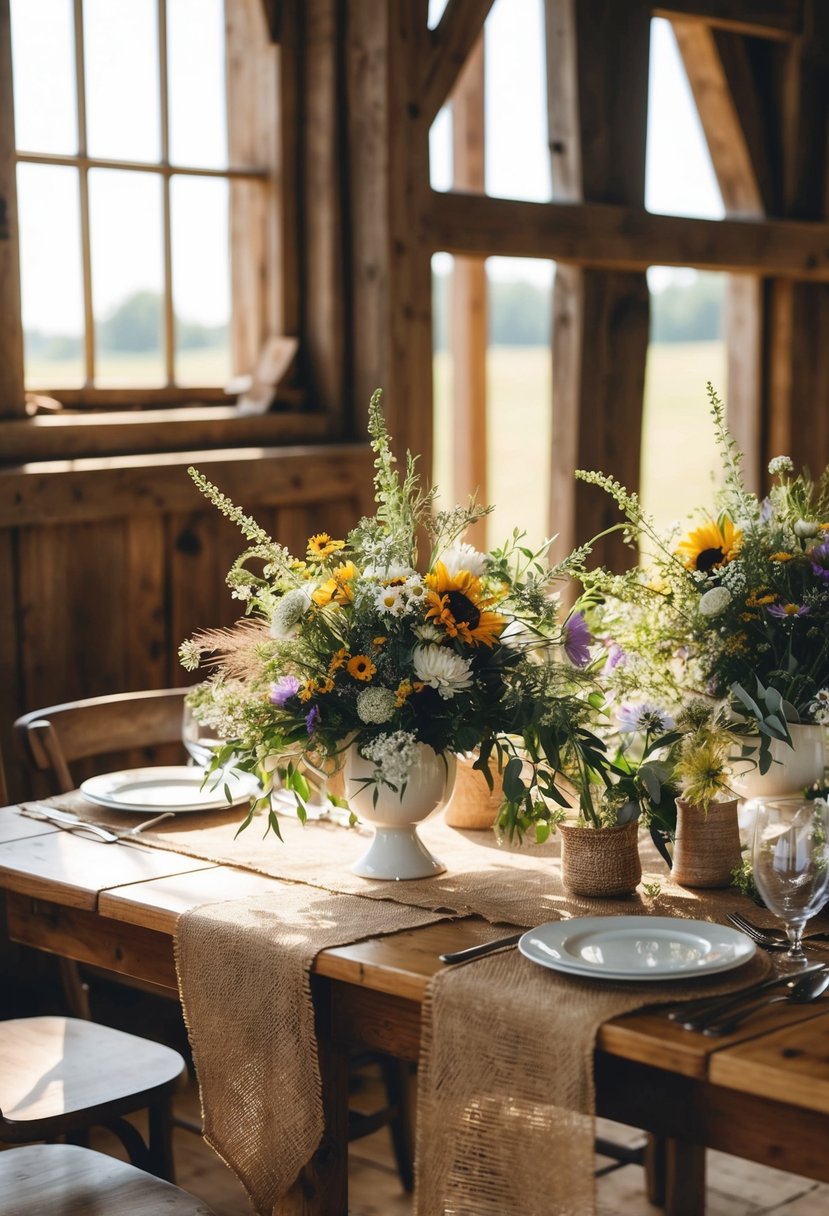 A rustic wedding scene with wildflower bouquets adorning wooden tables and burlap accents. Sunlight filters through a barn window onto the charming country setting