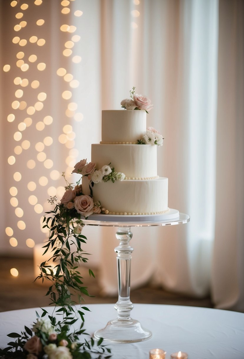 An elegant acrylic plinth wedding cake stand adorned with cascading flowers and soft candlelight