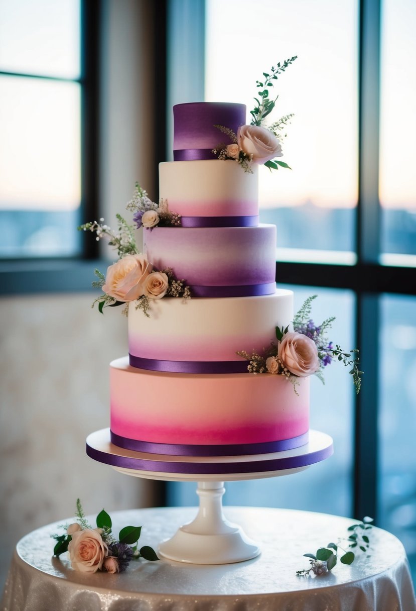 A tiered wedding cake stand with a custom ombré pattern in shades of pink and purple, adorned with delicate floral accents