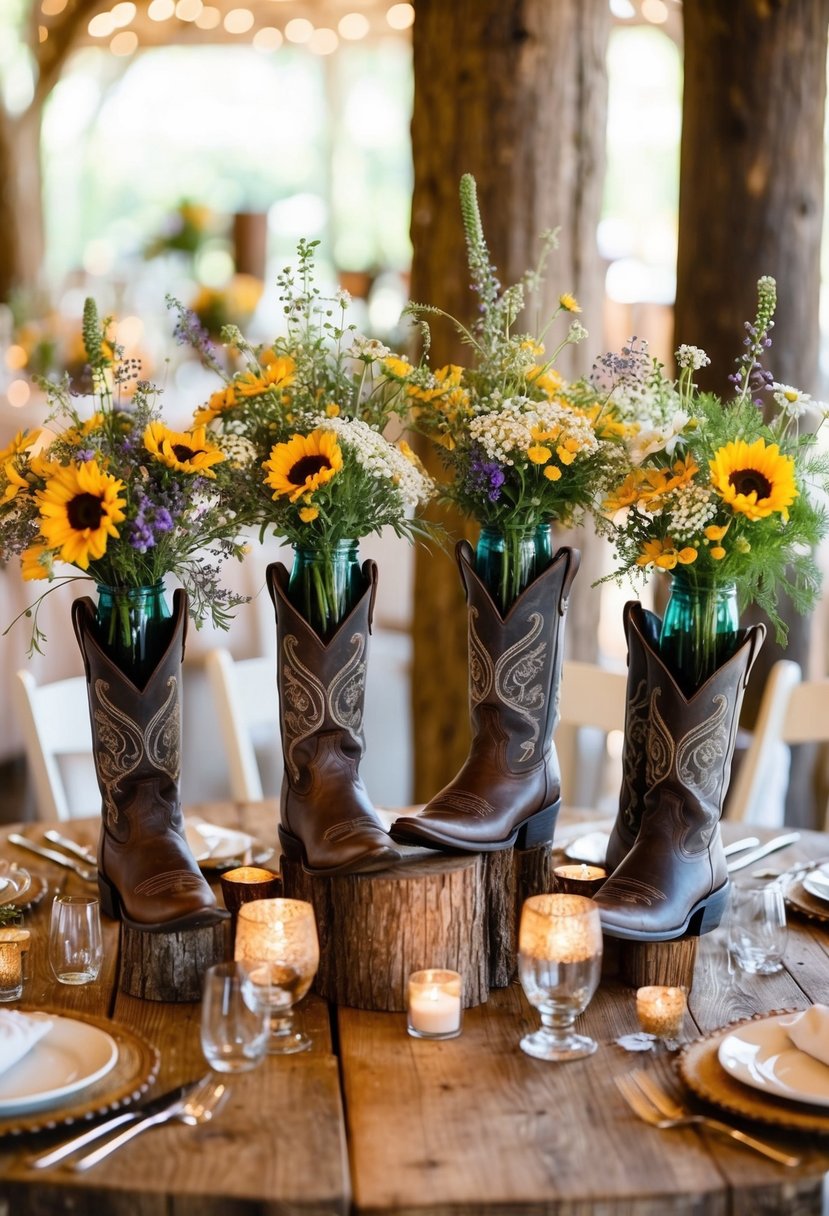 A rustic wedding table adorned with cowboy boot vases filled with wildflowers and surrounded by country-themed decor