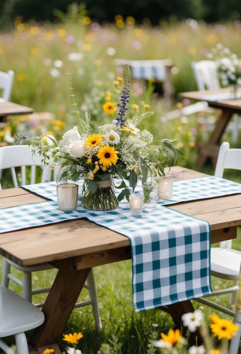 A rustic wedding scene with gingham table runners on wooden tables, surrounded by wildflowers and country decor