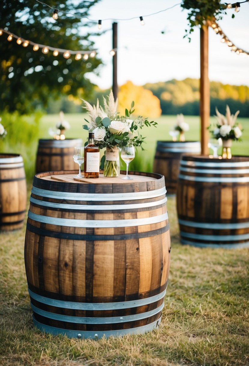 Whiskey barrel tables arranged in a rustic outdoor wedding setting, adorned with country-inspired decor