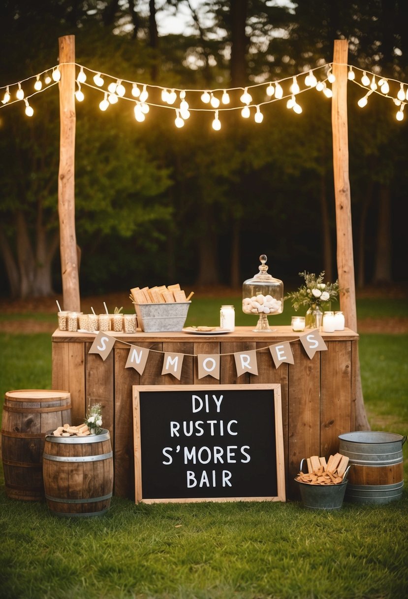 A rustic wedding venue with a DIY S'mores bar set up, surrounded by country decor and twinkling string lights