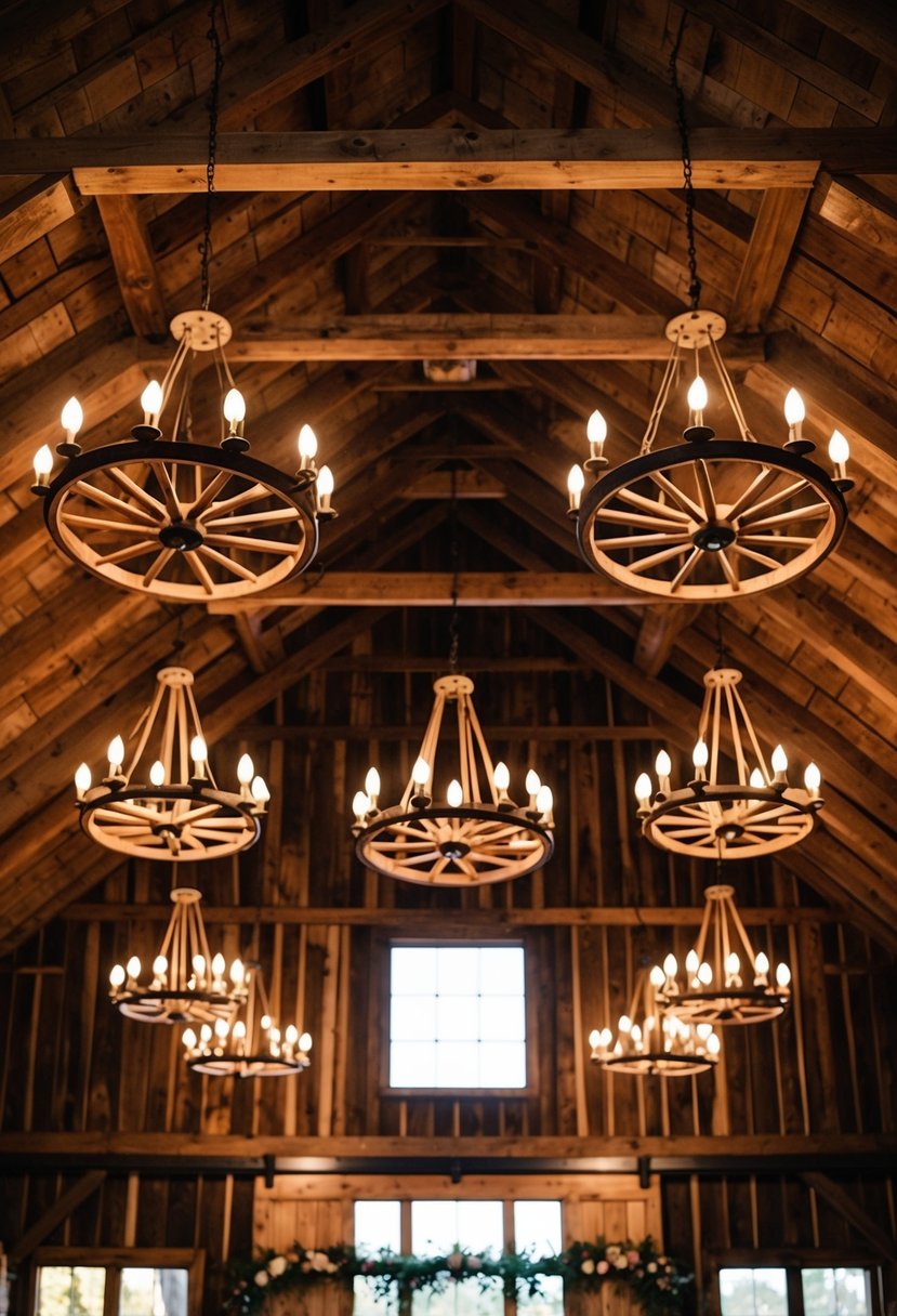 A rustic barn adorned with wagon wheel chandeliers, creating a warm and charming ambiance for a country wedding