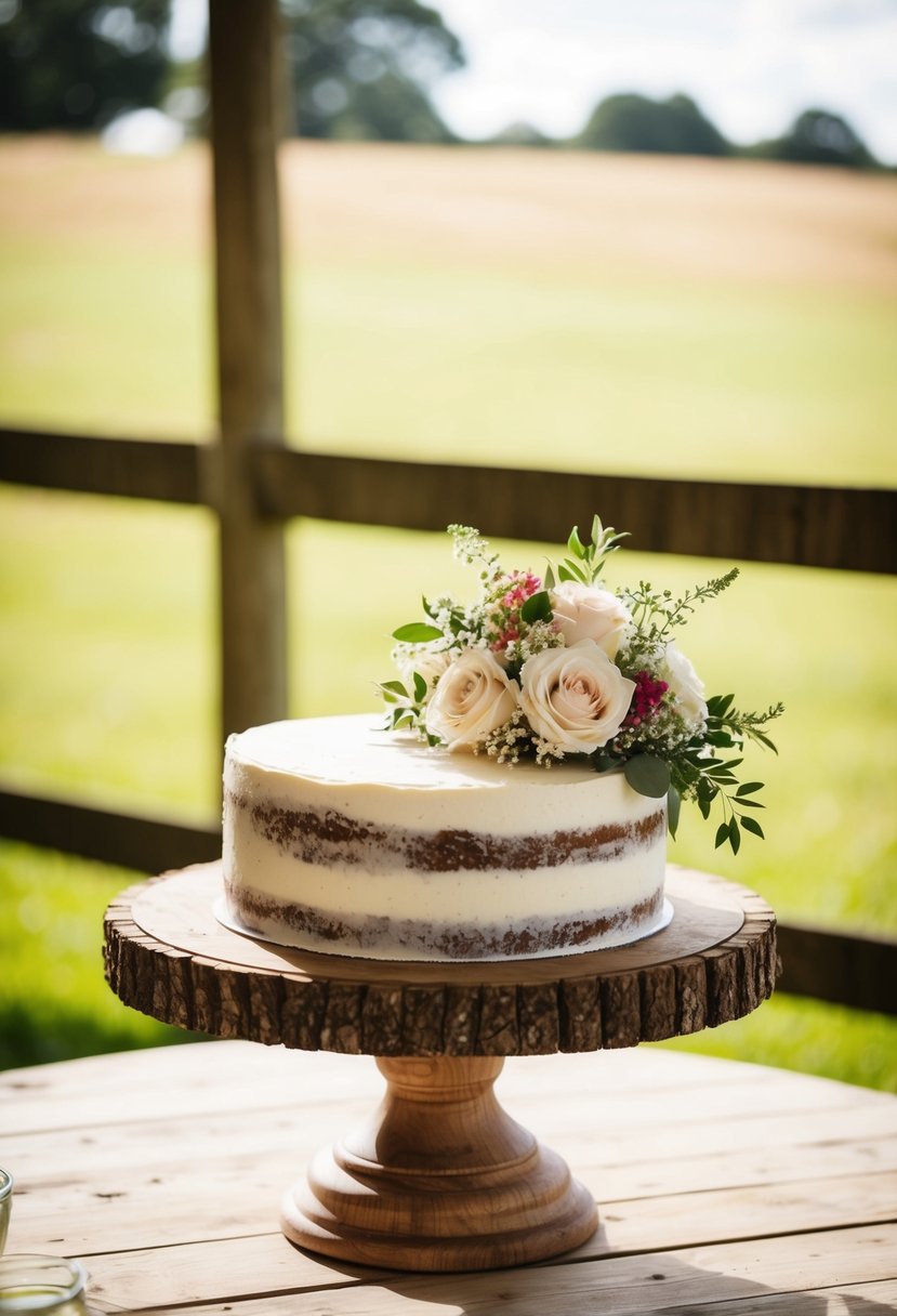 A rustic wooden cake stand adorned with flowers at a country wedding