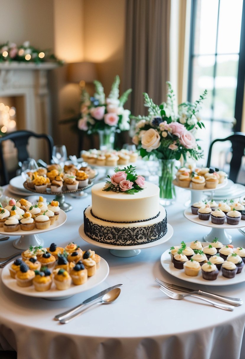 A table filled with assorted finger foods, cupcakes, and a decorative cake, surrounded by elegant tableware and floral arrangements