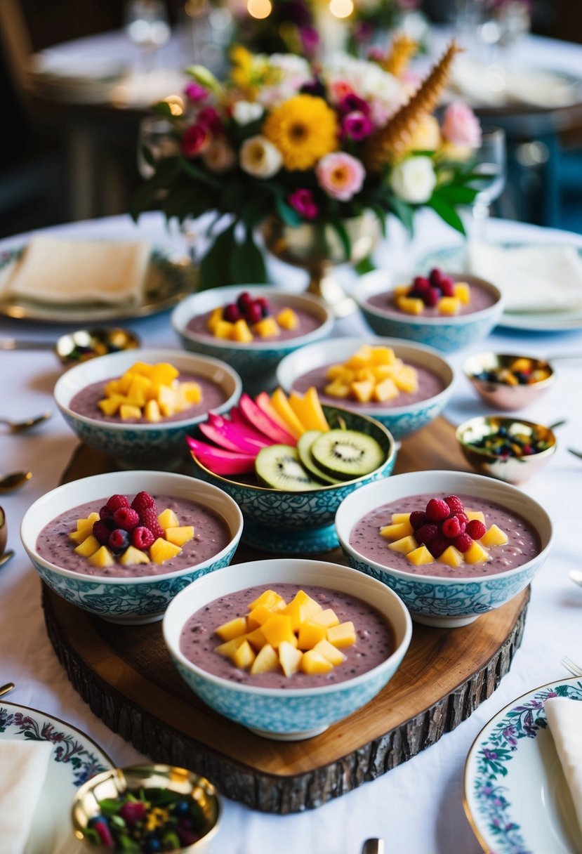 Açai bowls arranged on a table with colorful fruit toppings and decorative serving bowls, surrounded by floral centerpieces and elegant table settings