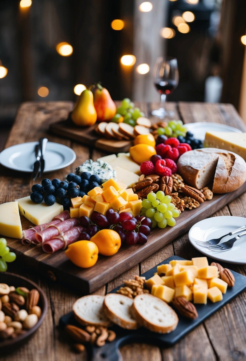 A rustic wooden table adorned with assorted charcuterie and cheese boards, accompanied by an array of fresh fruits, nuts, and artisanal breads