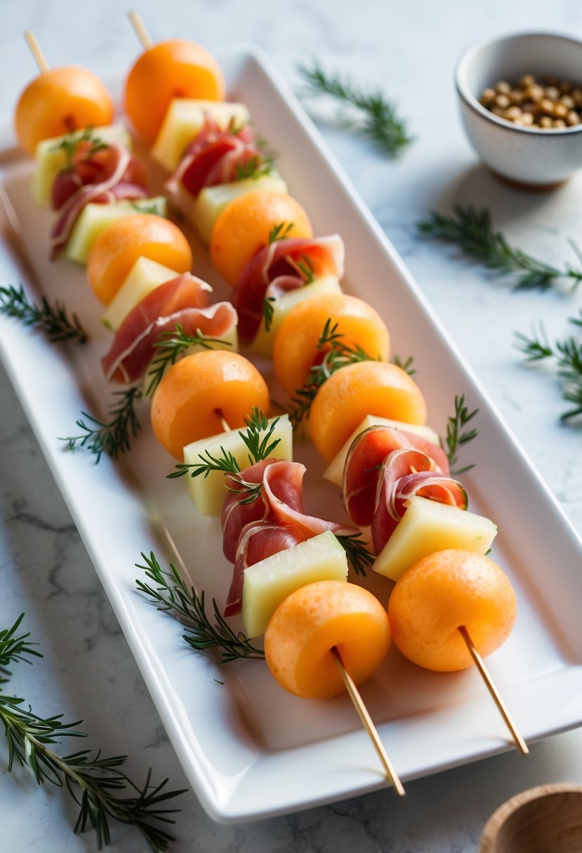 A platter of melon prosciutto skewers arranged on a white serving dish with decorative garnishes