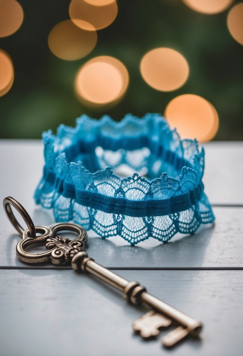 A delicate blue lace garter draped over a vintage silver key