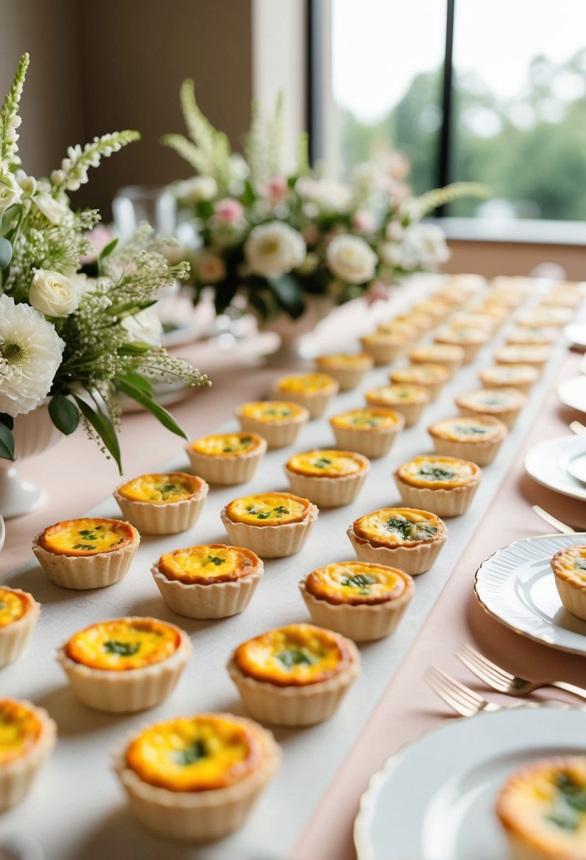 A table spread with mini quiches, surrounded by delicate floral arrangements and elegant place settings