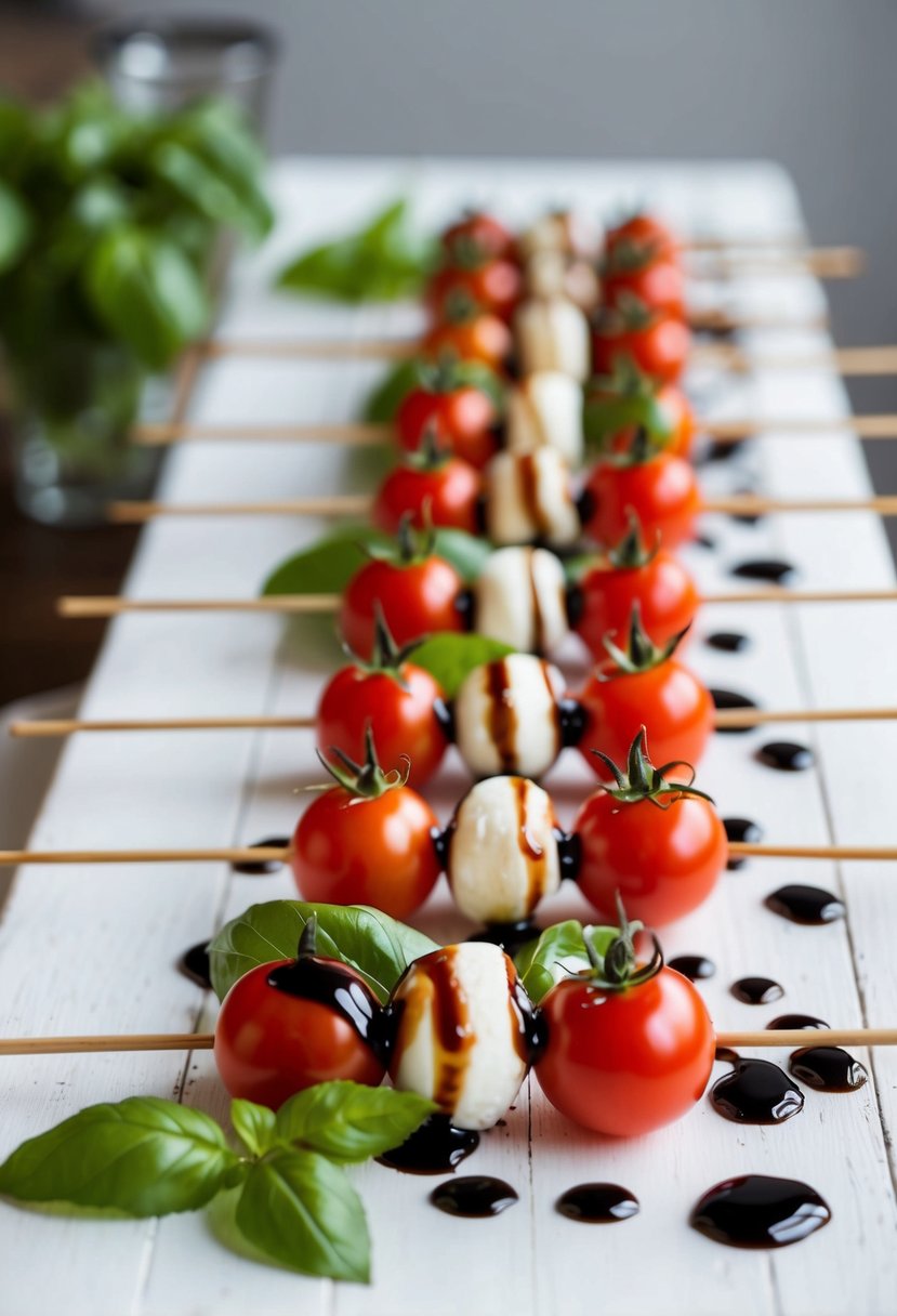 A table lined with skewers of cherry tomatoes, mozzarella, and basil, drizzled with balsamic glaze