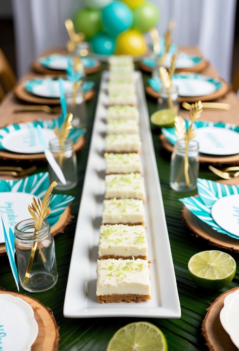 A table spread with coconut key lime cheesecake bars, surrounded by tropical decor and wedding shower party favors