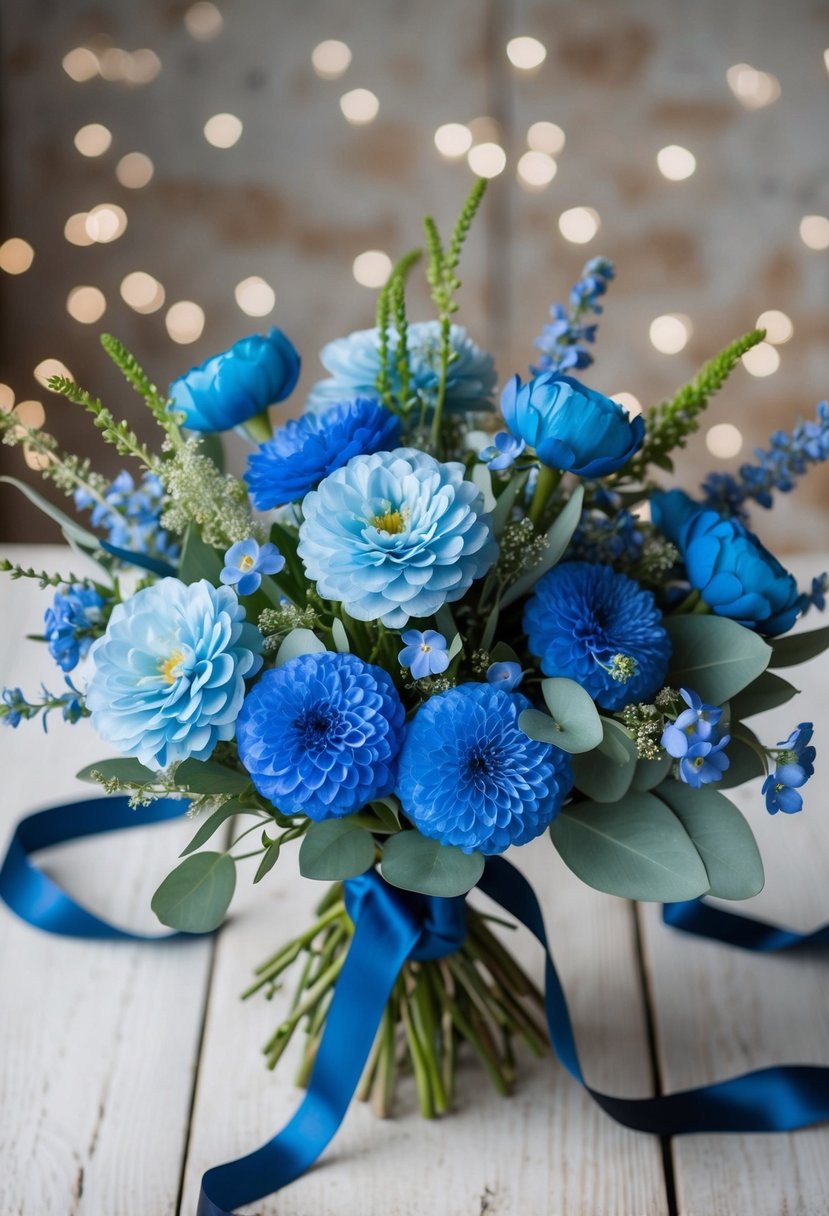 A collection of blue flowers arranged in a bouquet, with delicate greenery and ribbon accents