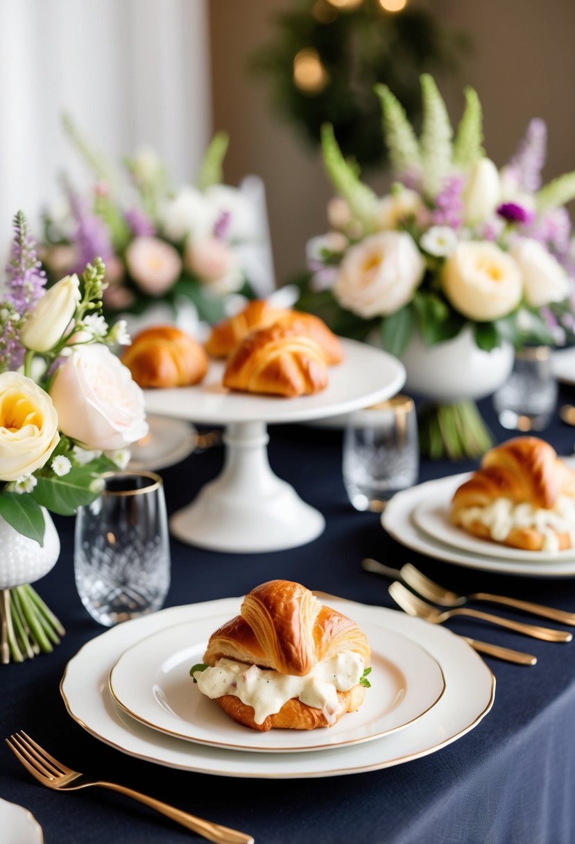 A table set with elegant chicken salad croissants for a wedding shower, surrounded by floral arrangements and delicate place settings