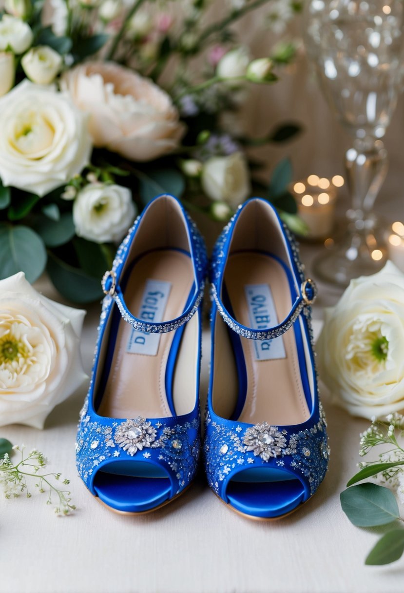 A pair of blue wedding shoes with delicate lace and sparkling embellishments, set against a backdrop of soft, romantic flowers and elegant decor