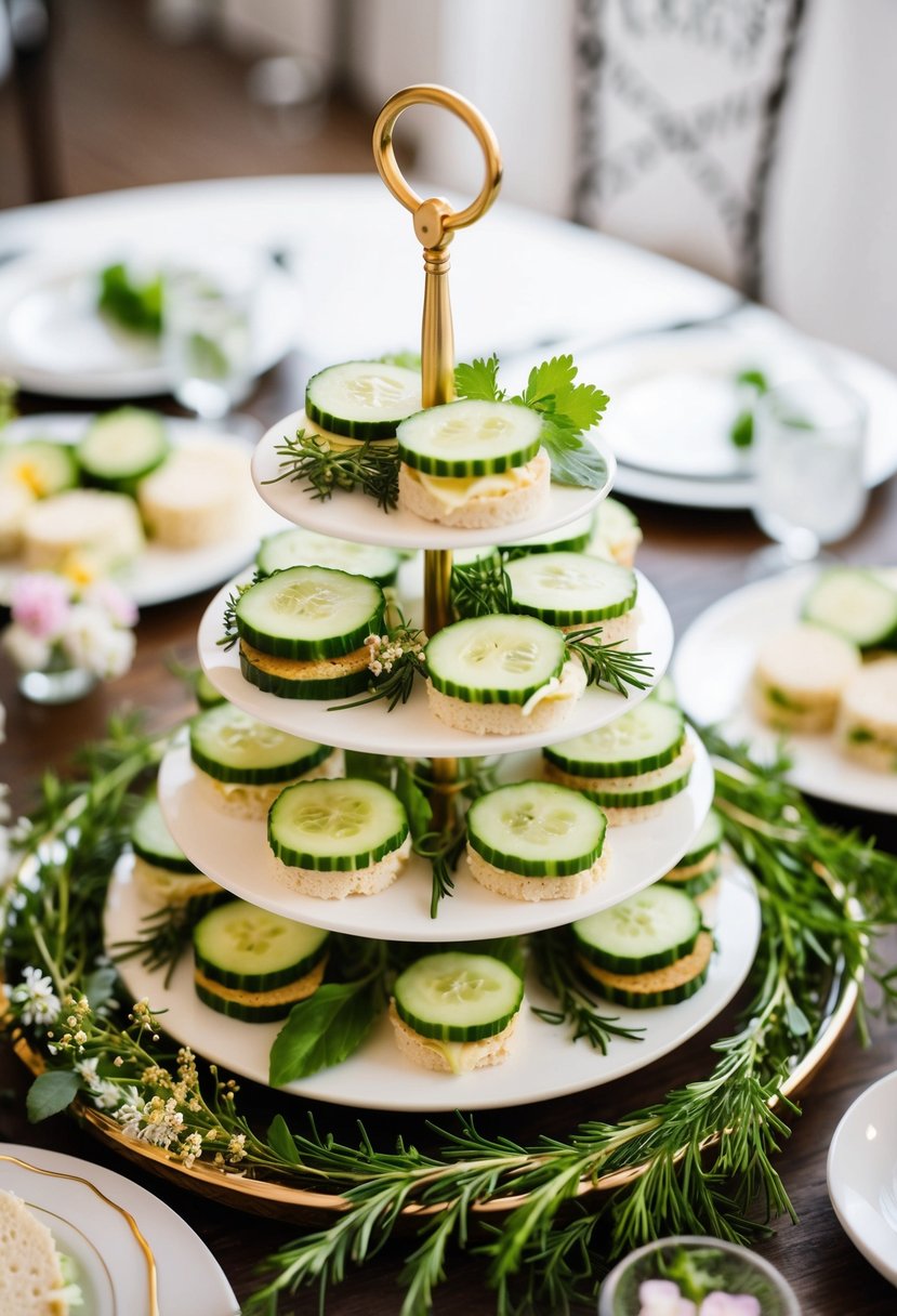 A tiered platter displays delicate cucumber sandwiches surrounded by fresh herbs and edible flowers, creating an elegant wedding shower spread