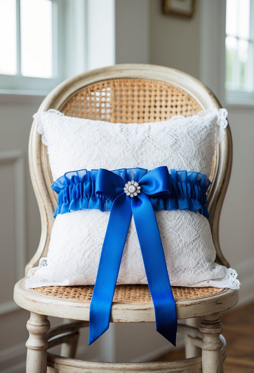 A bride's blue garter draped over a white lace pillow on a vintage wooden chair