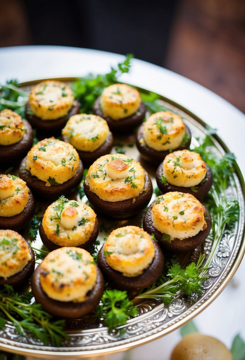 A platter of golden-brown stuffed mushrooms surrounded by fresh herbs and served on a decorative tray at a wedding shower