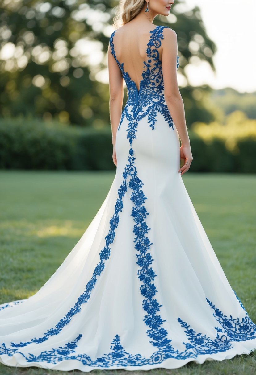 A flowing white wedding dress with intricate blue embroidery cascading down the skirt and trailing up the bodice