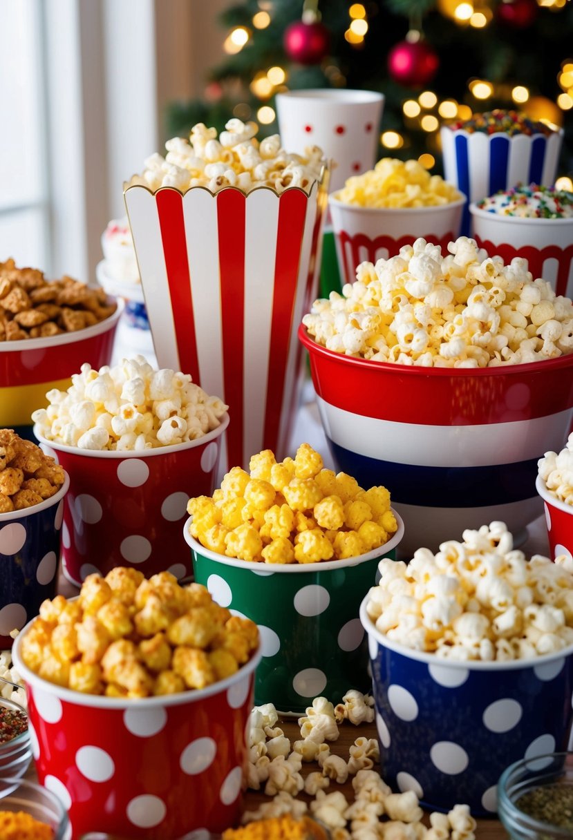 A festive table displays various flavors of popcorn in decorative containers, surrounded by toppings and seasonings