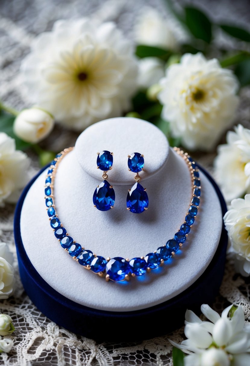 A sparkling blue sapphire necklace and earrings displayed on a velvet cushion, surrounded by delicate white flowers and lace