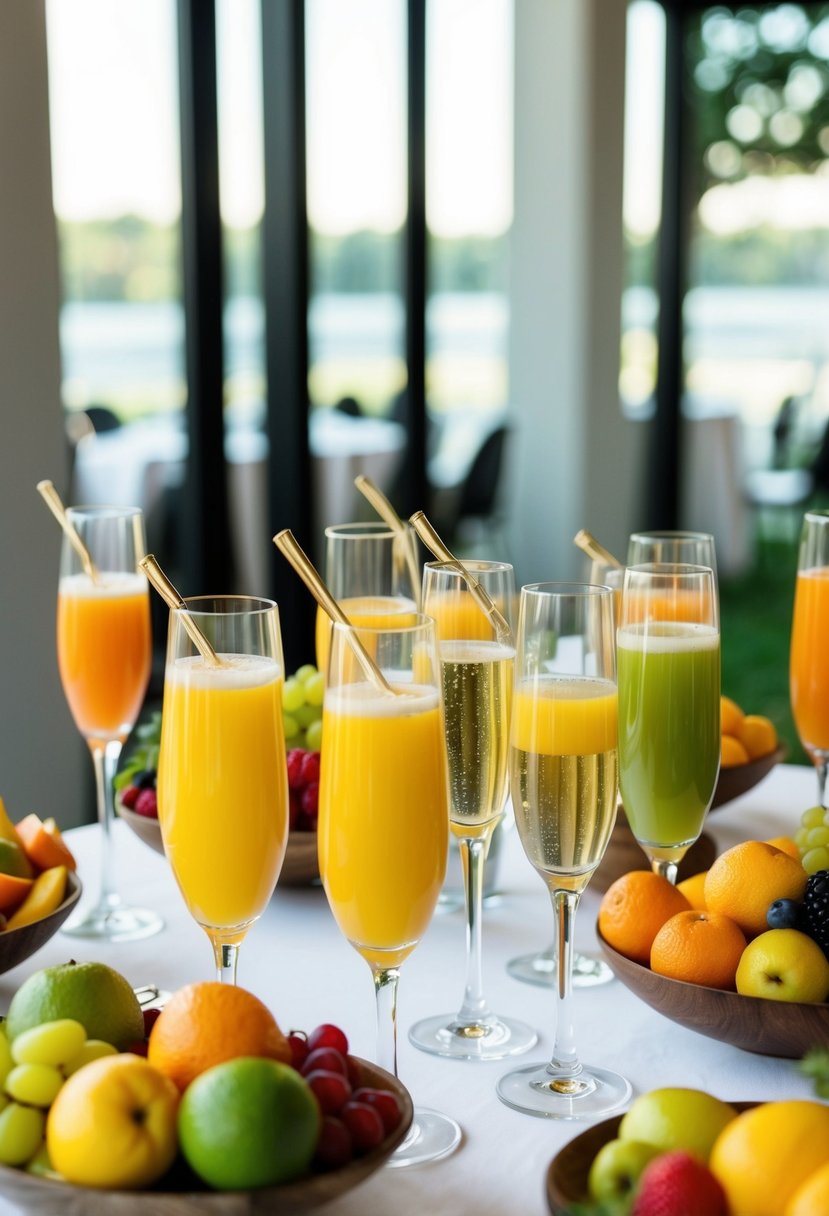 A table set with assorted fruits, champagne flutes, and a variety of fruit juices for a mimosa bar at a wedding shower