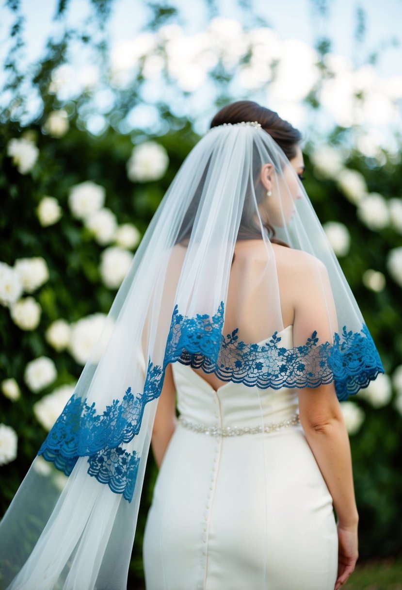 A bride's veil flowing in the breeze, adorned with delicate blue lace, against a backdrop of white flowers and greenery