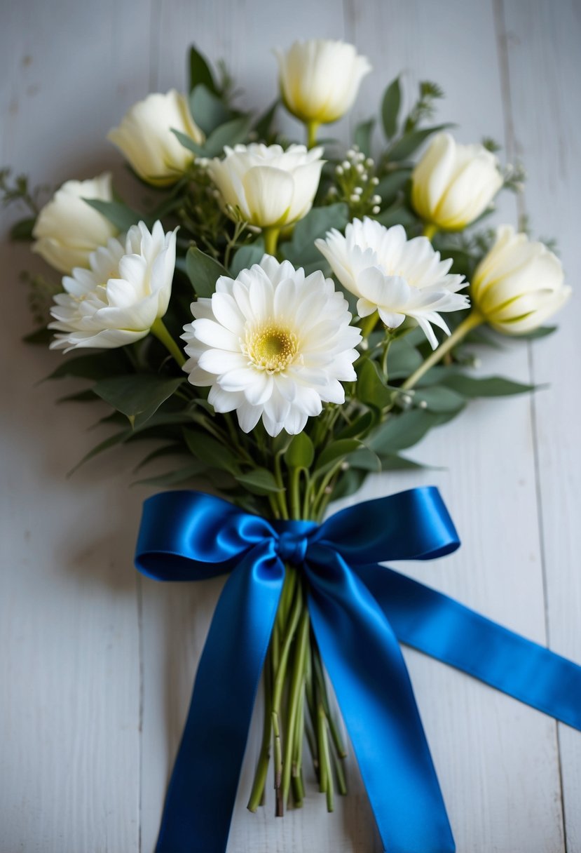 A bouquet of white flowers tied with a flowing blue satin ribbon