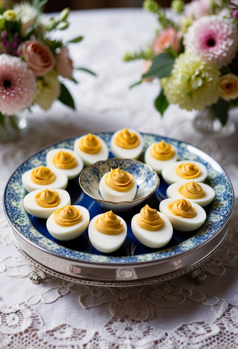 A platter of deviled eggs arranged on a decorative tray, surrounded by elegant floral centerpieces and delicate lace tablecloths