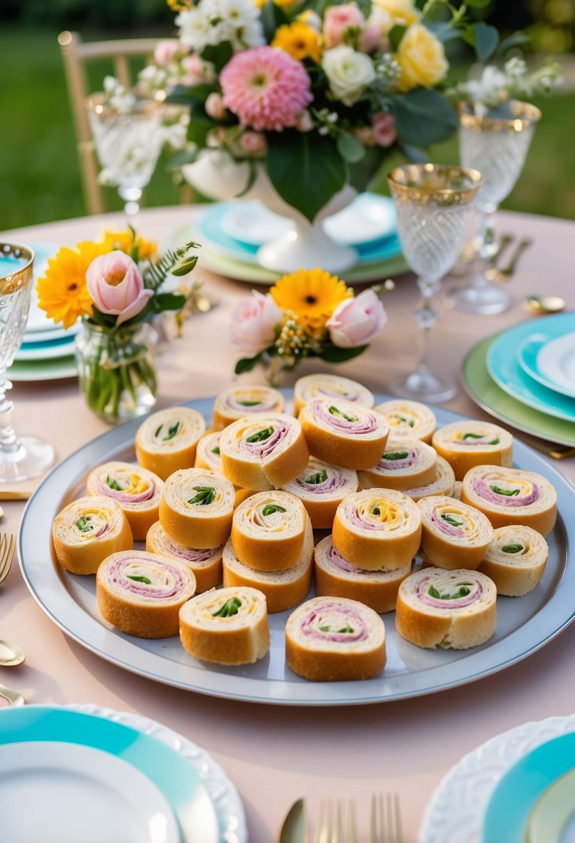 A table spread with colorful pinwheel sandwiches, surrounded by floral decorations and elegant tableware for a wedding shower celebration