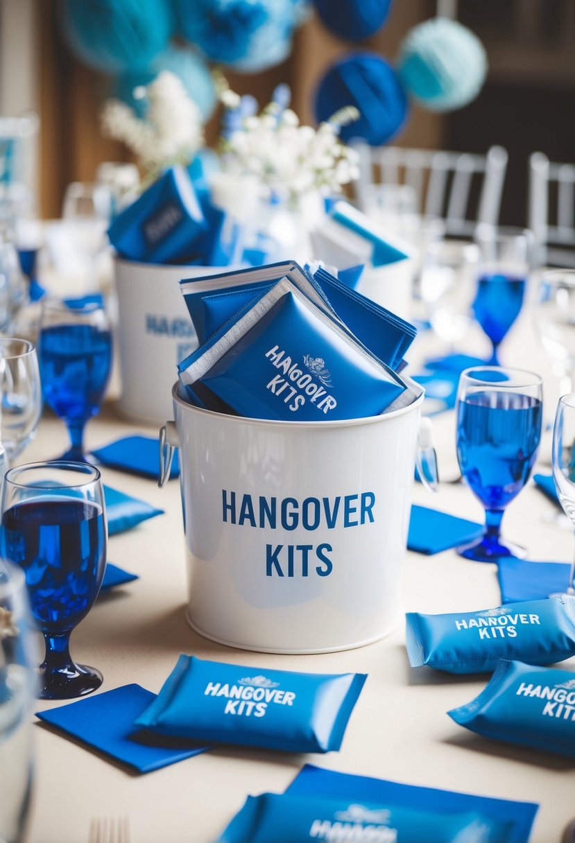 A table adorned with personalized blue hangover kits, surrounded by wedding decor in shades of blue