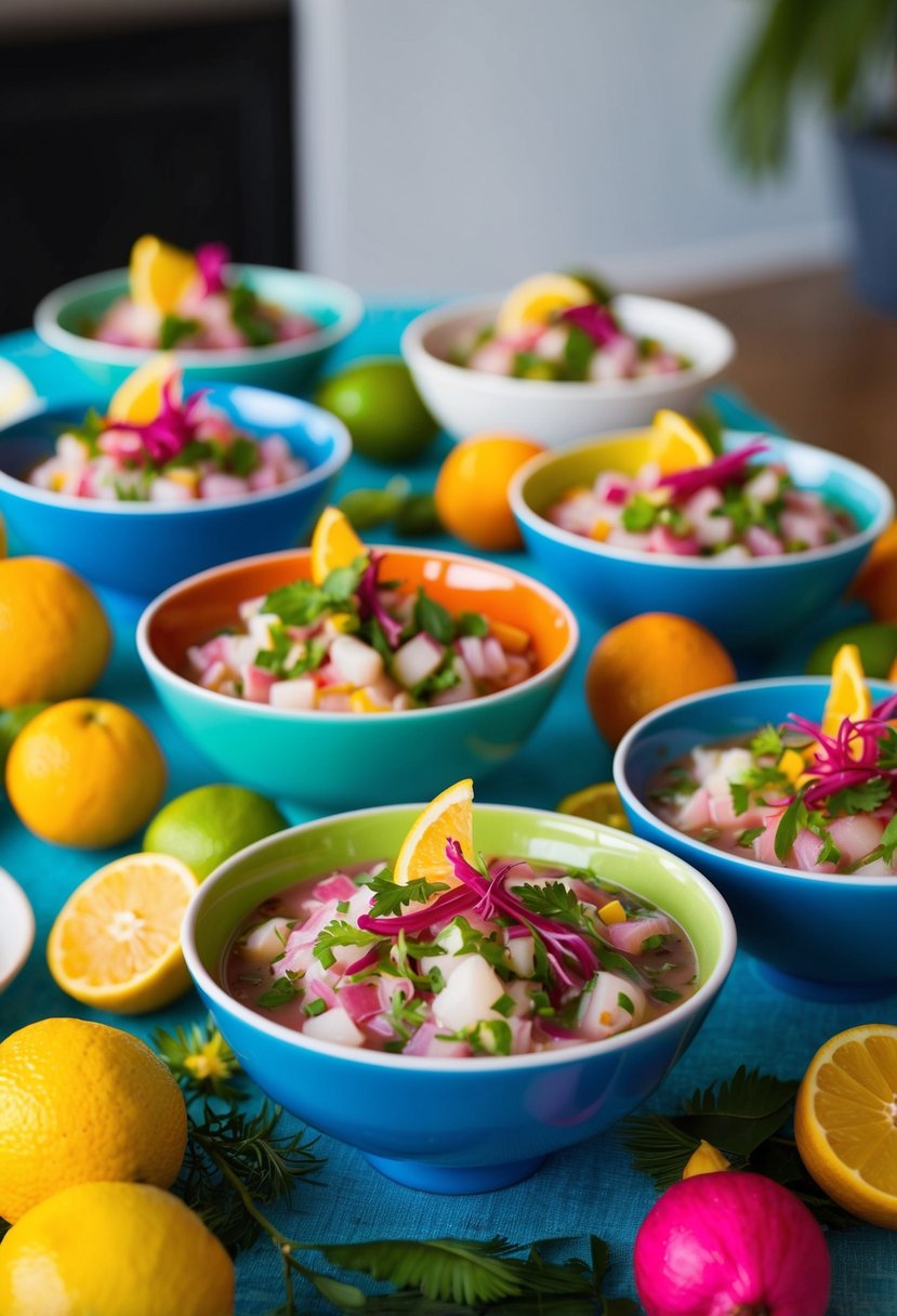 A table adorned with colorful bowls of fresh ceviche, surrounded by vibrant citrus fruits and decorative garnishes