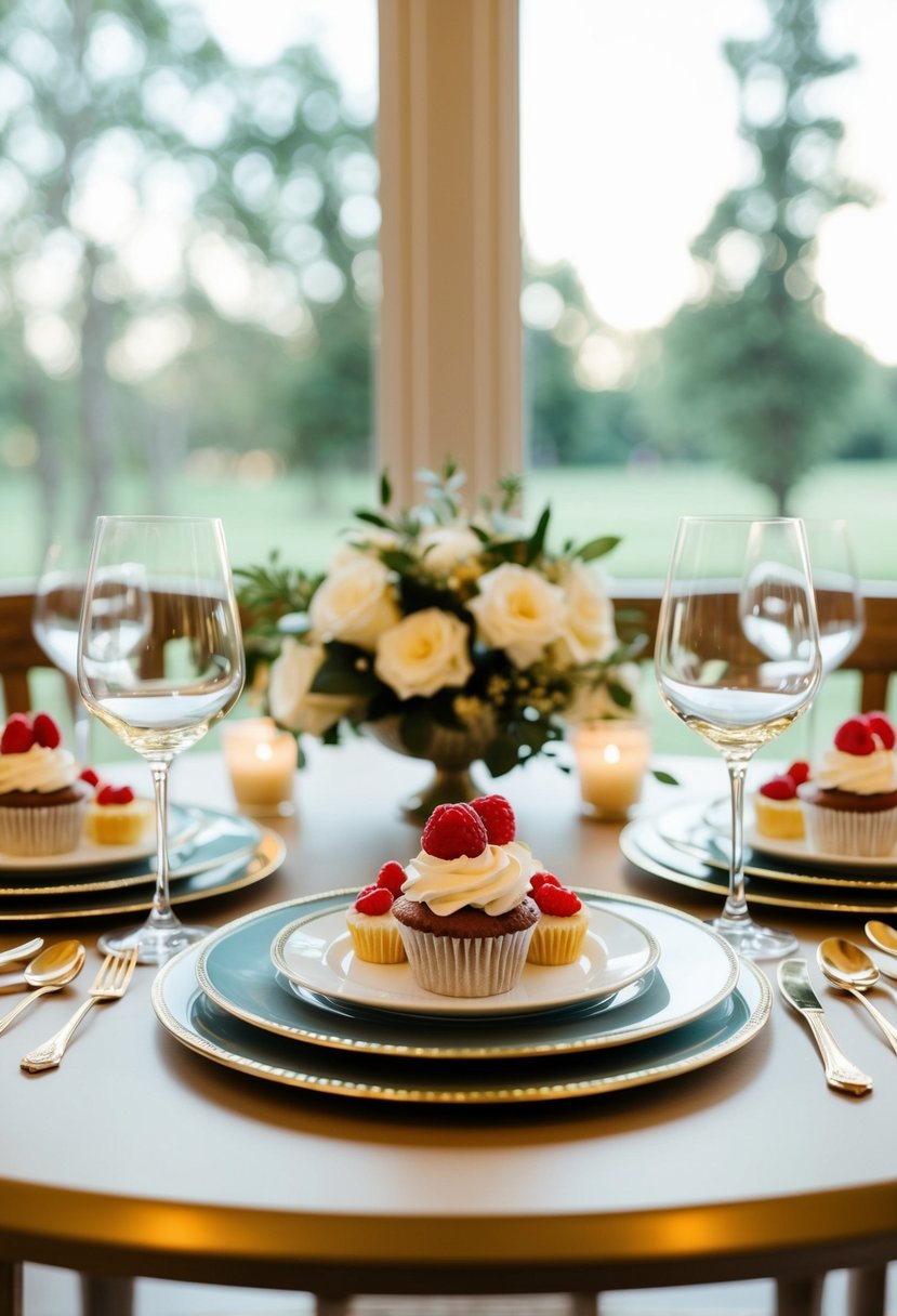 A table set with elegant desserts and wine glasses for a wedding shower