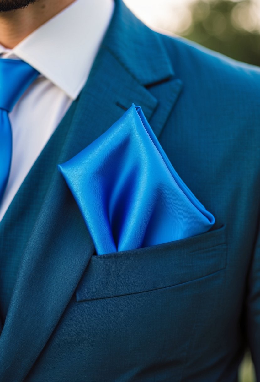 A groom's handkerchief in a vibrant shade of blue, neatly folded and placed in the breast pocket of a tailored suit