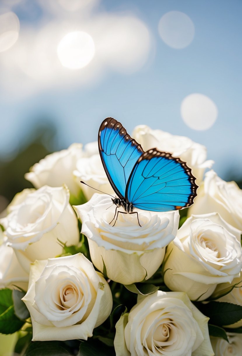 A delicate blue butterfly alights on a bouquet of white roses, its wings matching the bride's manicure