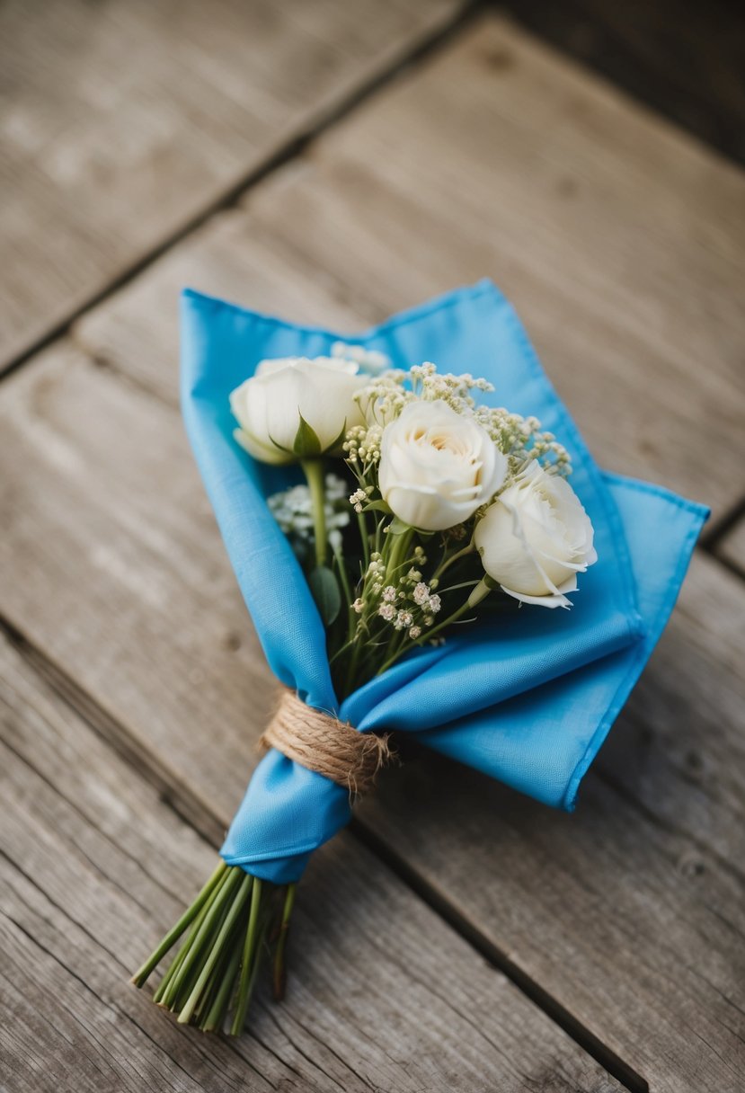 A blue handkerchief tied to a rustic wedding bouquet