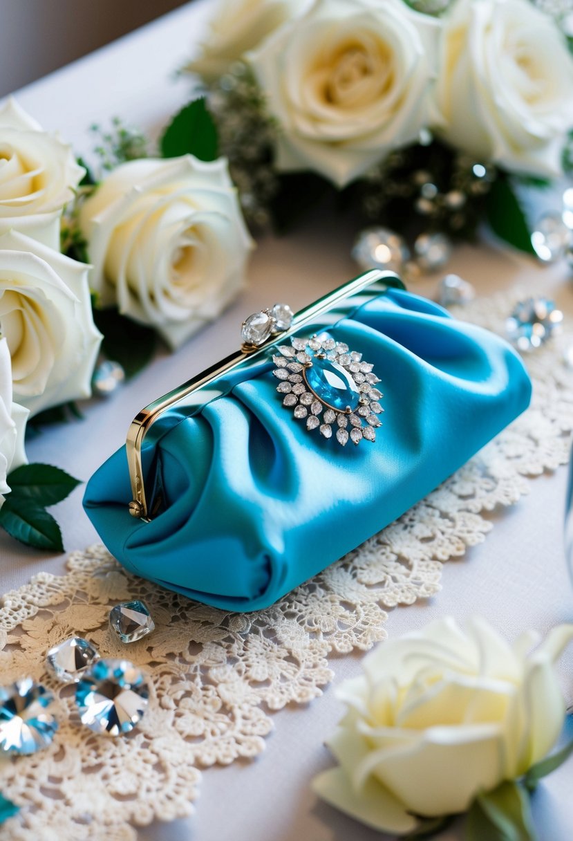 A delicate blue bridal clutch rests on a lace table runner, surrounded by white roses and sparkling crystals