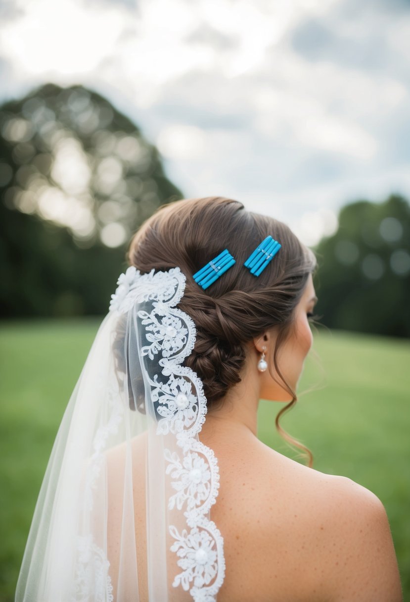 A bride's hair adorned with blue hair pins, against a white lace veil