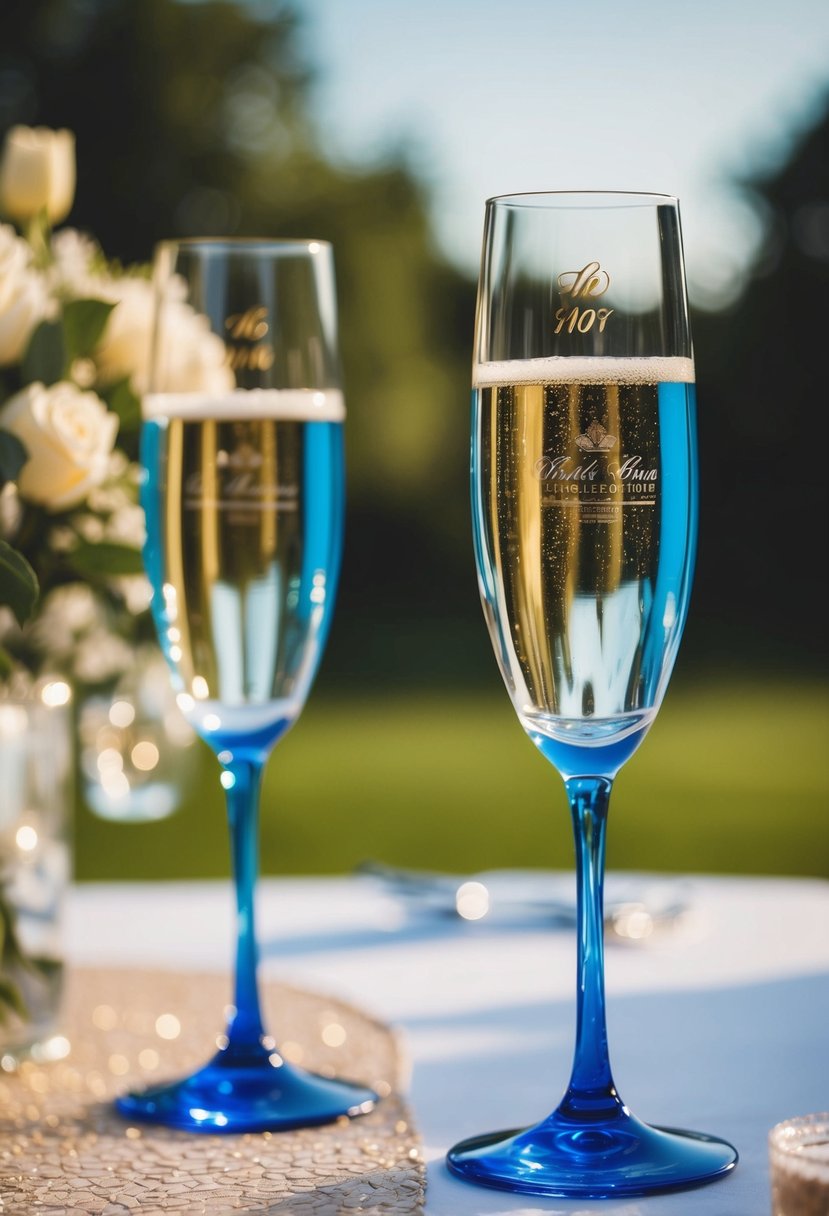 Two blue champagne flutes on a table with wedding decor