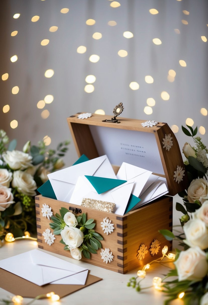 A decorated wooden box overflowing with envelopes and cards, surrounded by floral arrangements and twinkling lights