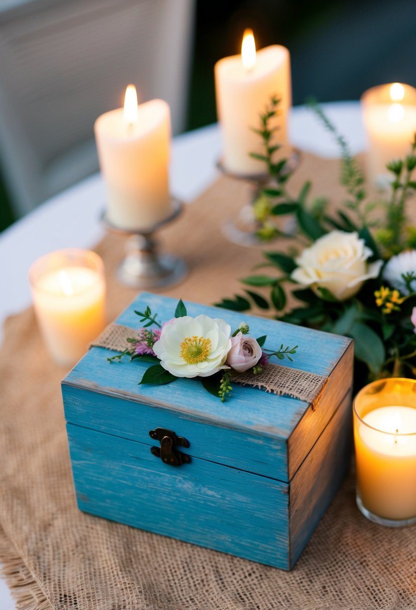 A weathered wooden card box sits on a burlap-covered table, adorned with delicate floral accents and surrounded by flickering candlelight