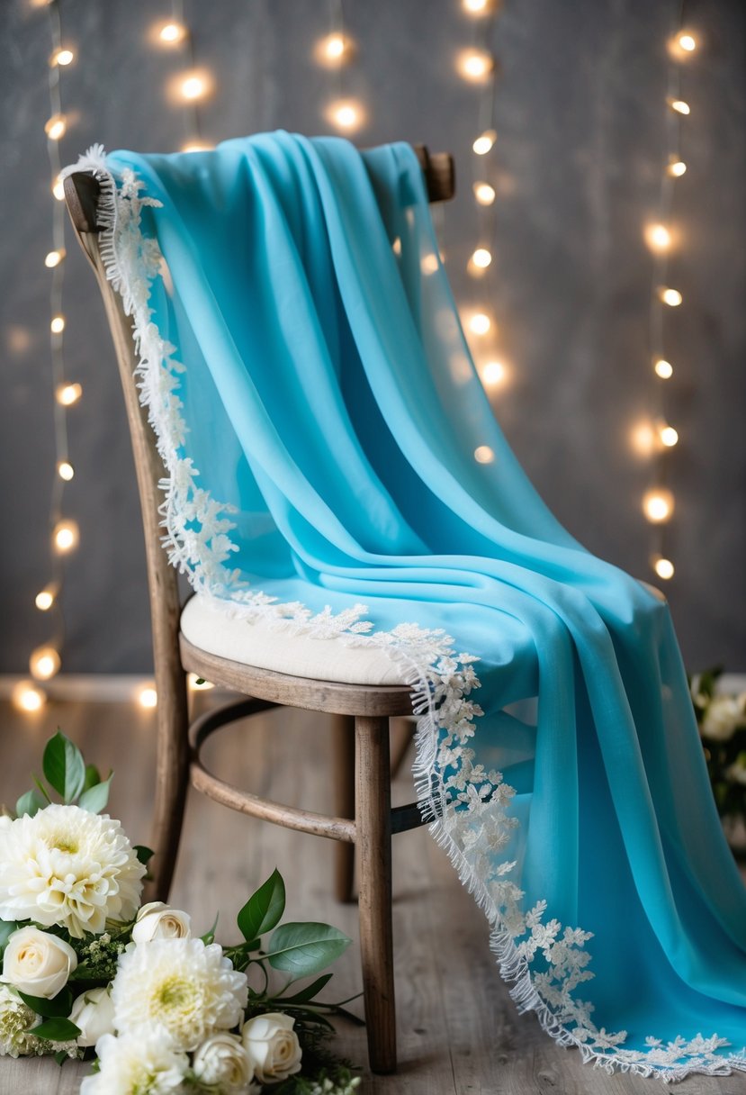 A delicate blue bridal shawl draped over a rustic wooden chair, surrounded by soft white flowers and twinkling fairy lights