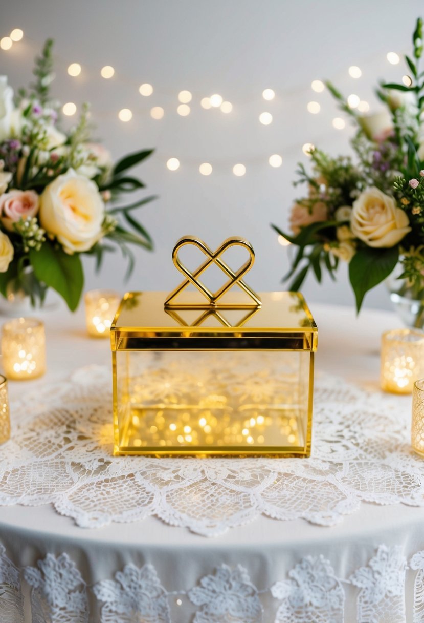 A gold acrylic wedding card box sits on a white lace tablecloth, surrounded by delicate floral arrangements and twinkling fairy lights