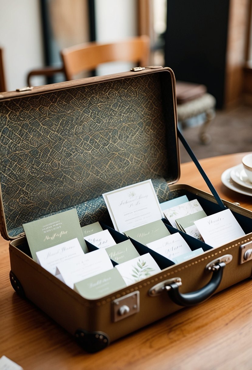 A vintage suitcase open on a table, filled with wedding cards