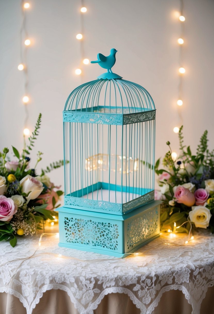 A decorative bird cage card box sits atop a lace-covered table, surrounded by floral arrangements and twinkling fairy lights