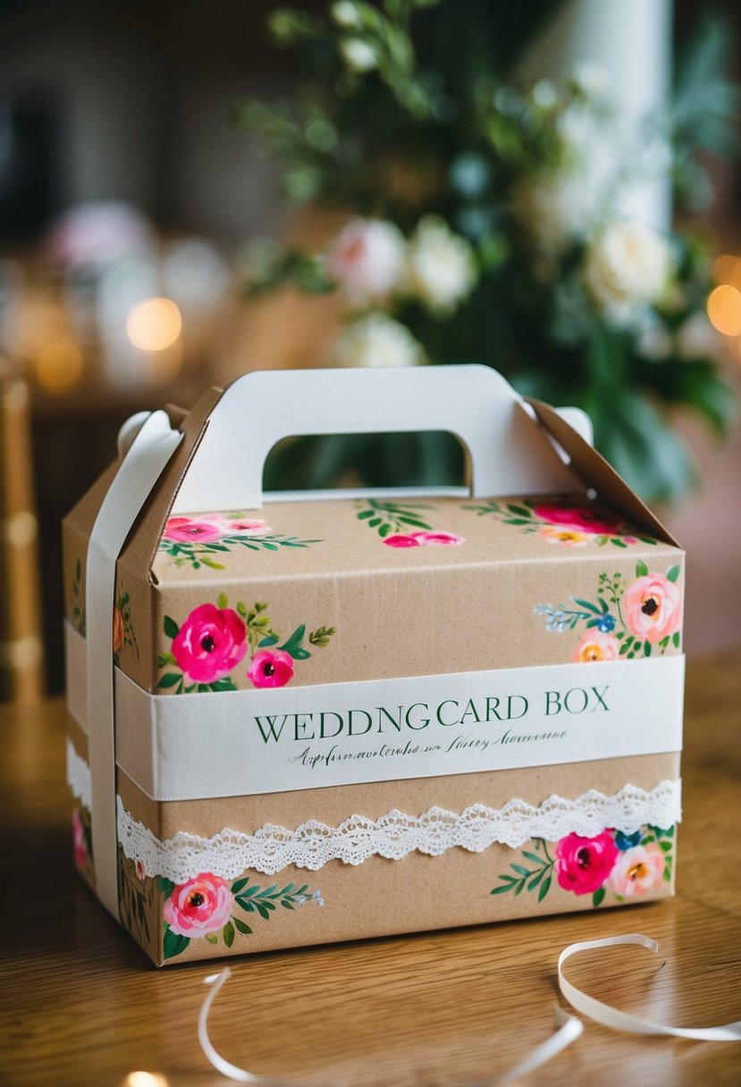 A cardboard box painted with floral designs and adorned with ribbons and lace, serving as a wedding card box