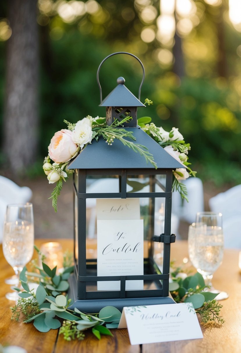 A rustic lantern adorned with flowers and greenery, serving as a wedding card holder