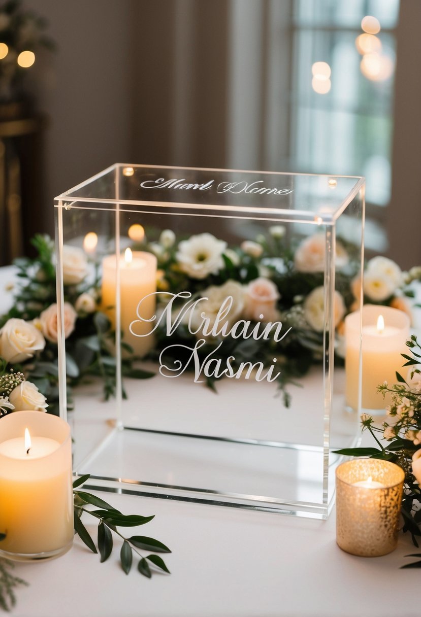 A clear acrylic box with elegantly etched names, surrounded by delicate floral arrangements and soft candlelight